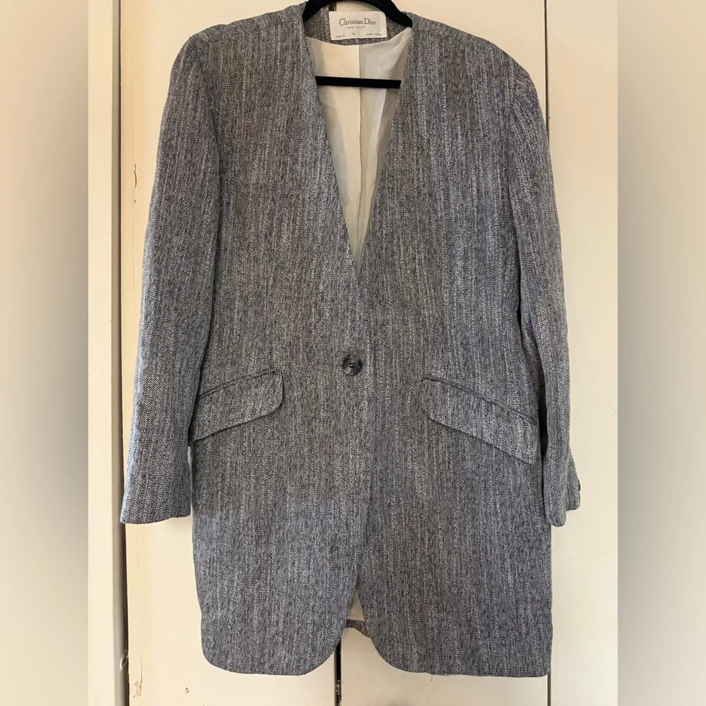 Vintage Christian Dior The Suit Grey Blazer Jacket, Shoulder Pads Removed